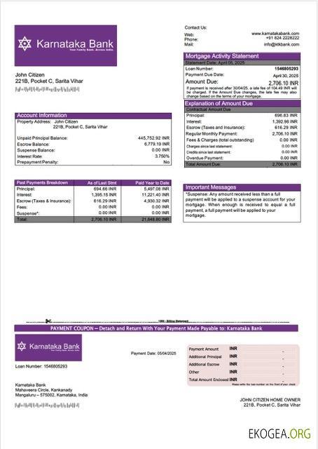 Modèle Word et PDF de relevé hypothécaire de la Karnataka Bank en Inde